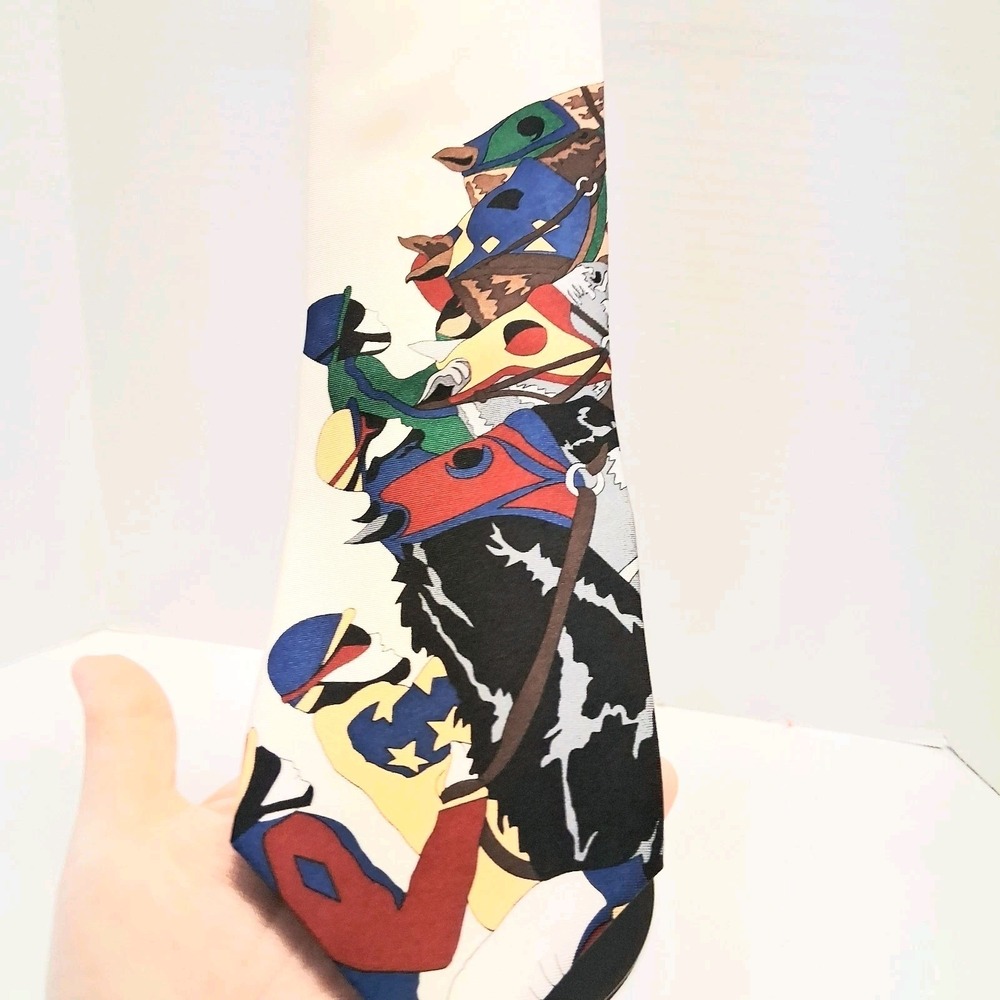 Vintage Pop Art 90's Novelty Men's Silk Tie Cream Derby Jockey Handmade In Korea